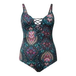 Torrid Wireless Plunge Strappy Lace Up One Piece Swimsuit 1 Plus Black Paisley